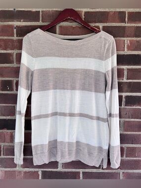 Talbots Women’s M Merino Wool Sweater Beige Cream Striped Lightweight Pullover